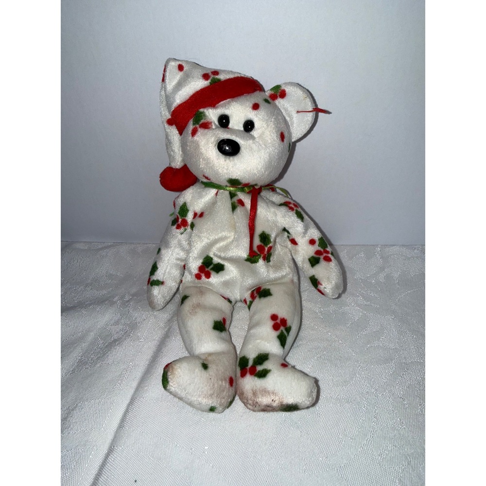 Ty Beanie Babies 1998 Holiday Teddy Bear White Holly Berry Christmas Plush Toy